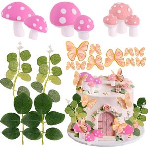 Fairy Cake Toppers Pink Mushroom Butterfly Leaf Fairy Garden Cake Cupcake Topper Decorations for Fairy Girl Theme Party