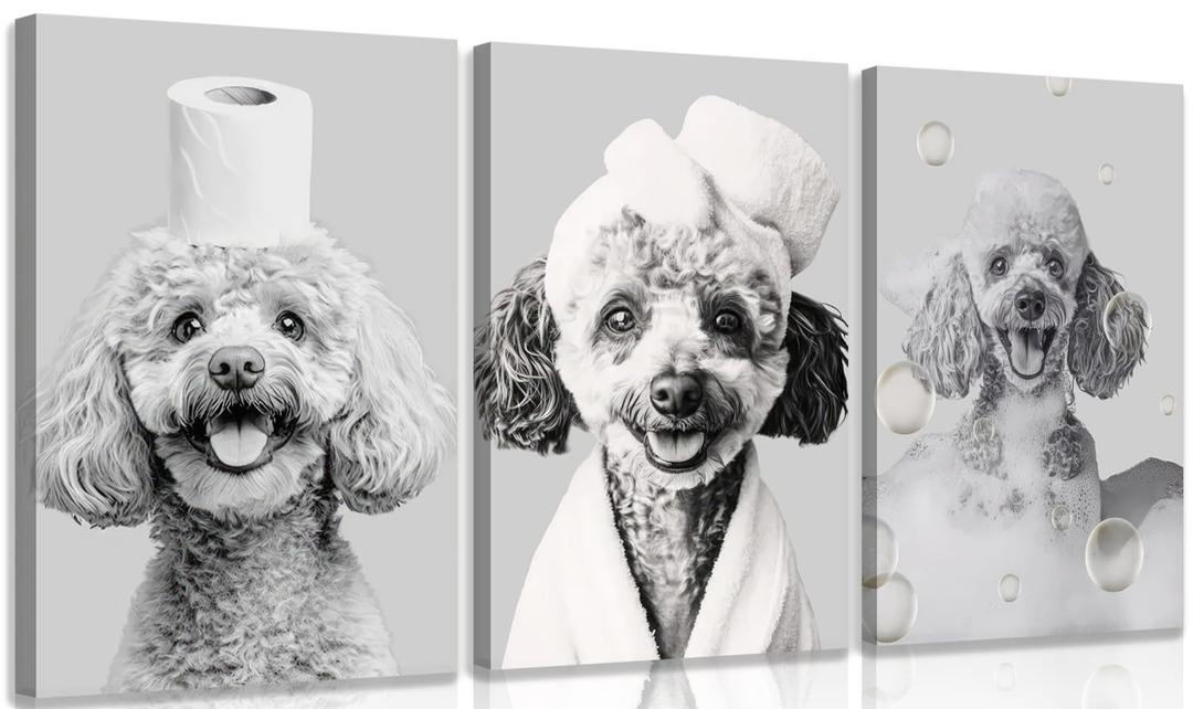 3pcs Black And White Animal Bathroom Wall Art Funny Dog Painting Picture Wall Decor Teddy With Bath And Overhead Toilet Paper Rolls Poster Print Artwork For Bedroom Bathroom Hotel 16x24 Inch Framed