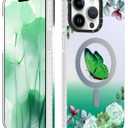 ZIYE Designed for iPhone 15 Pro Max Case for Women Girls [Compatible with MagSafe] Butterfly Flowers Magnetic Phone Case, Lens Camera Protection for 15 ProMax Phone Cover Frosted Green