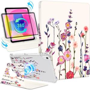 Shorogyt for iPad A16 11th Generation 11 inch 2025 /for i Pad 10th Generation case Magnetic Stand for Women - Cute Design 360 Degree Rotating Covers Girls Girly with Pencil Holder,Little Flower