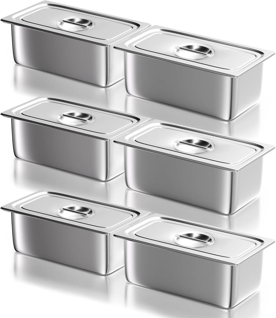 WantJoin Steam Table Hotel Pans with Lid 1/3 Third Size 6 Inch Deep 6 Pack, Stainless Steel Metal Tray Sets Food Storage Container, Restaurant Chafing Dishes Commercial Buffet Warmer Catering Supplies