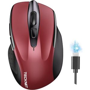 TECKNET Wireless Mouse (BT5.0/3.0 & 2.4G) Rechargeable 4800 DPI Silent USB A & Bluetooth Mouse 6 Buttons, Wide Compatibility - Red