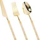 150PCS Gold Plastic Silverware, Heavy Duty Utensils, Disposable Plastic Cutlery Silverware Include 50 Forks, 50 Knives, 50 Spoons for Party and Wedding, Shiny Bead
