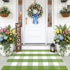 OLANLY Buffalo Plaid Rug 2'4" x 3'7" (27.5" x 43") Green and White Cotton Checkered Doormat, Washable Indoor Outdoor Rug for Layered Front Porch, Kitchen, Entryway Decor