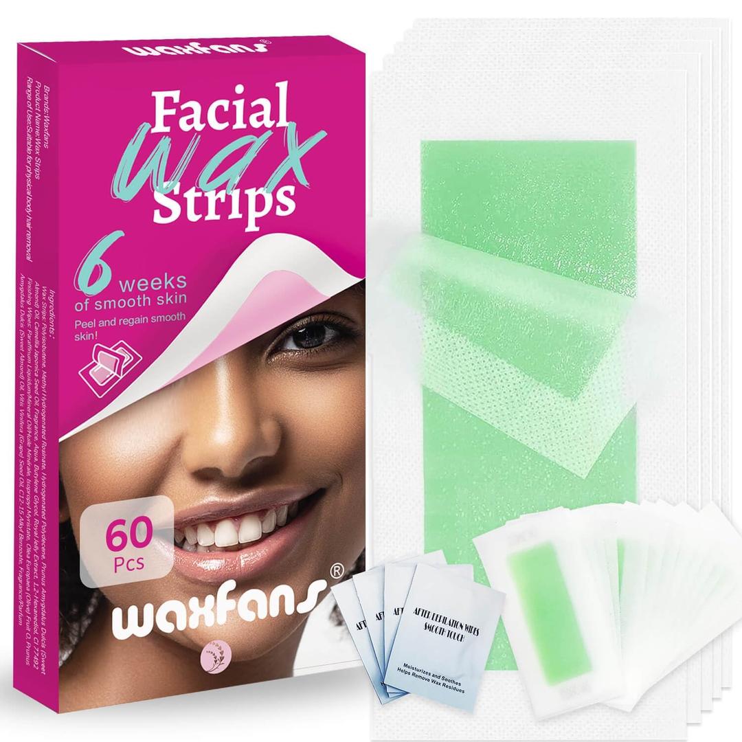 Waxfans Wax Strips for Hair Removal, 60 Counts Facial Wax Strips for Face,Eyebrow,Body,Bikini, Easy at Home Waxing Kit for Women with Sensitive Skin, Long-Lasting Cera Depilatoria Waxing Strips (Red)