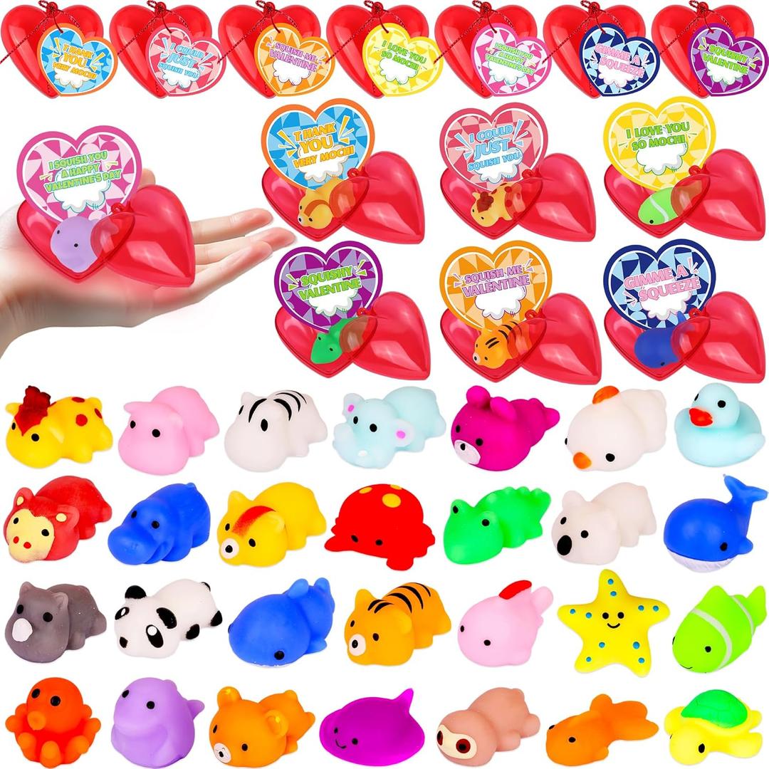 28 Pack Valentines Day Gifts for Kids Classroom Mochi Squishies Fidget Toys Filled Heart & Valentines Day Cards for Kids School, Valentines for Class Exchange Gifts School Party Favors for Boys Girls