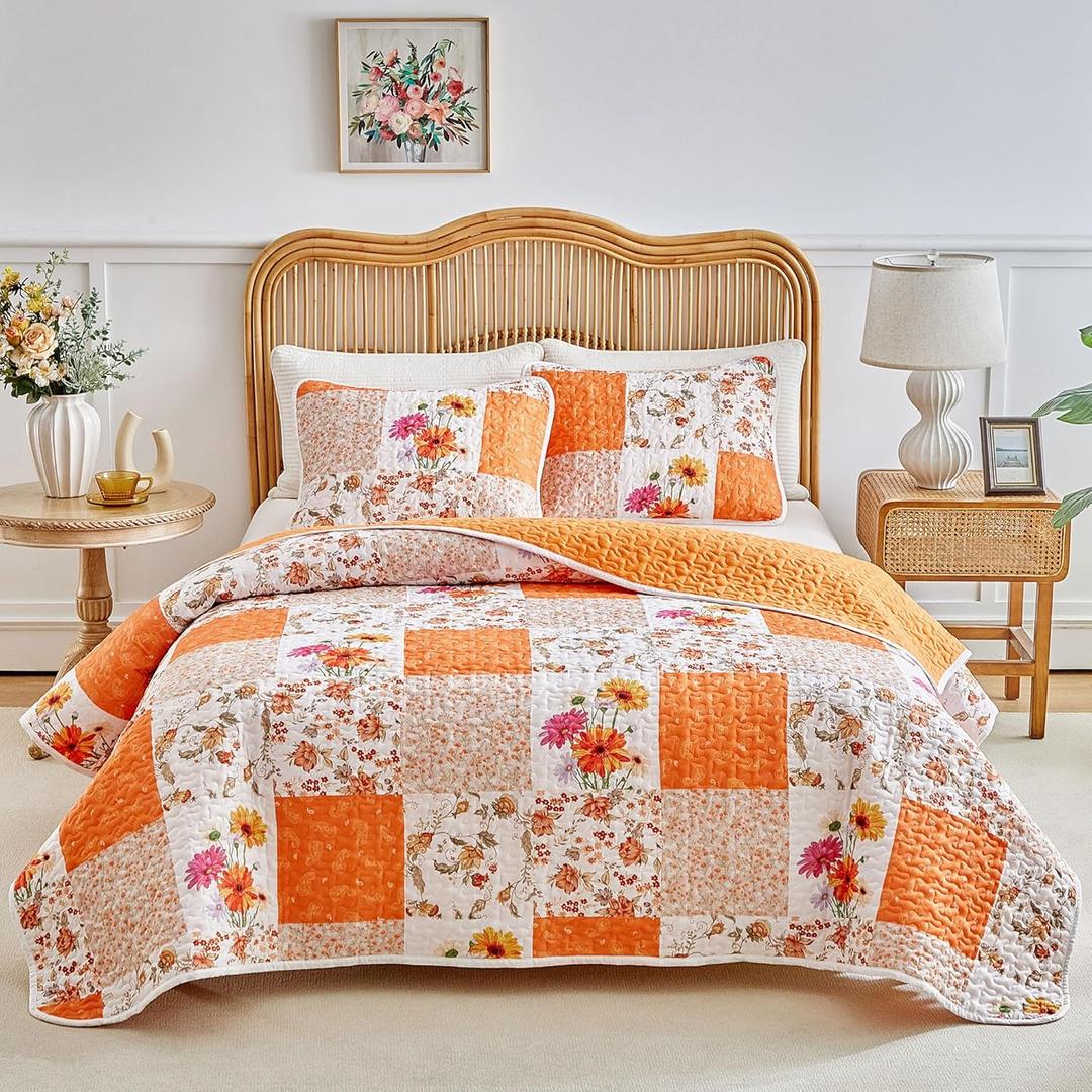 Joyreap 3 Pieces Floral Patchwork Quilt Set Queen, Orange n White Flowers Design, Smooth Soft Microfiber Quilt, Bedspread Bed Cover for All Season- 102x90 inches
