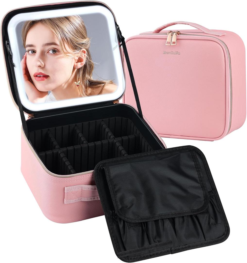 Makeup Bag with Mirror and Light, Cosmetic Travel Case with Mirror, Large Makeup Organizer with Mirror, Portable Makeup Case with Mirror for Women (Pink)