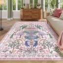 LIVEBOX Washable Rug 5x7 Pink Rug for Bedroom Girls, Floral Area Rugs for Living Room, Non-Slip Low Pile Carpet Farmhouse Rugs for Bedroom, Dining Room, Nursery Room, Kids Playroom, Pink