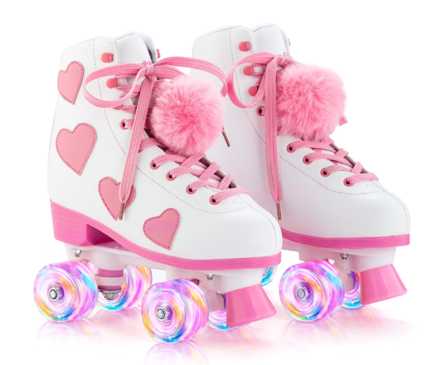 Women's and Girl's Classic Roller Skates with Light up Wheels and Love Heart Pattern, High-top PU Leather Rollerskates, Size 42 EU