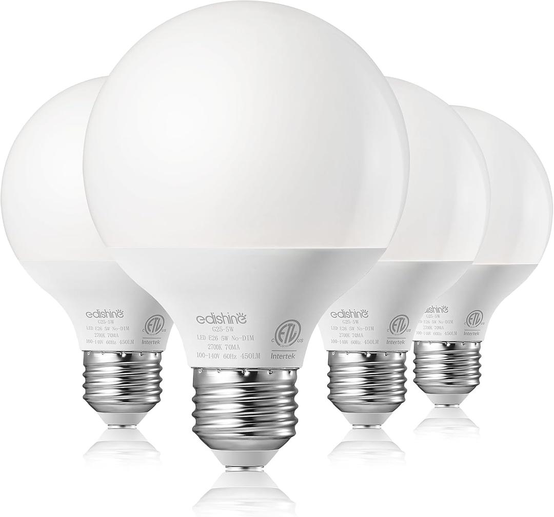 EDISHINE Vanity Light Bulbs, G25 LED Bathroom Light Bulbs, 25 Watt Equivalent Globe Light Bulb, CRI90+ 2700K Warm White 450LM, E26 Base, 4 Pack Non-dimmable, ETL Listed