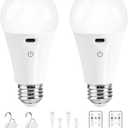 Powfloven Rechargeable Light Bulbs with Remote Control and USB Charging; Dimmable Battery Operated Light Bulb with 3 Colors and 4 Timer; A19 Wireless Light Bulbs for Wall Sconce Not-Hardwired, 2 Pack