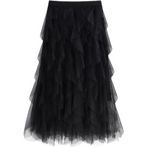 kydely Tulle Skirts for Women Long Length Tutu Fairy Tiered Skirt A Line Mesh Elastic Waist Skirts Black One Size