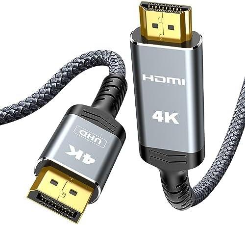 Highwings 4K DisplayPort to HDMI, 10ft Uni-Directional DP (Source) to HDMI (Display) 1.4 Cable, 4K@30Hz, 2K@60Hz, 1080P Full HD, Braided Cord for Dell, NVIDIA, AMD, Monitor, Projector (Grey)