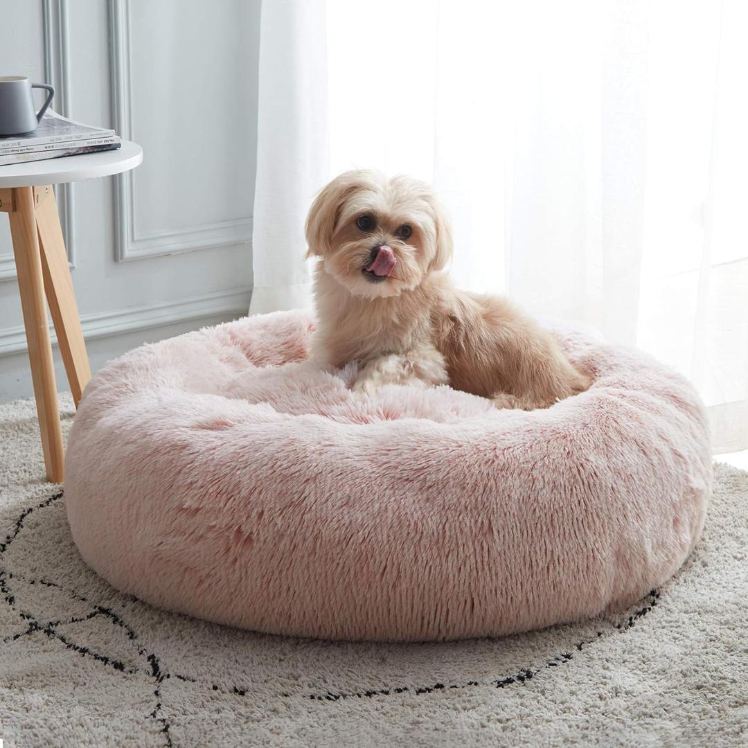 WESTERN HOME WH Calming Dog & Cat Bed, Anti-Anxiety Donut Cuddler Warming Cozy Soft Round Bed, Fluffy Faux Fur Plush Cushion Bed for Small Medium Dogs and Cats (20"/24"/27"/30") (27.0"L x 27.0"W x 8.0"Th, Pink)