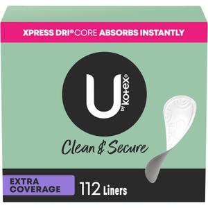 U by Kotex Panty Liners, Clean & Secure, Light Absorbency, Extra Coverage, 112 Count (Packaging May Vary)