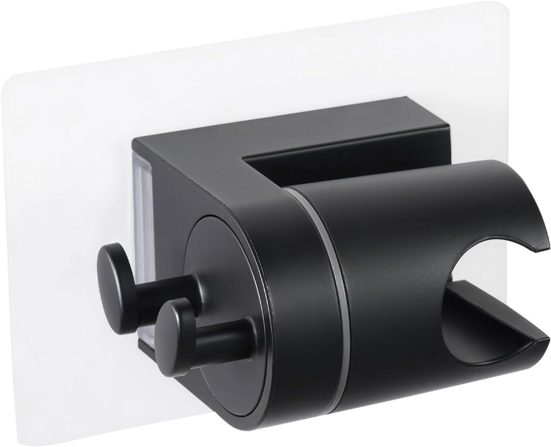 OFFO Shower Head Holder, Strong Adhesive Handheld Shower Head Holder with 2 Hanger Hooks, 60° Adjustable Waterproof Shower Head Holder Wall Mount for Bathroom, Matte Black