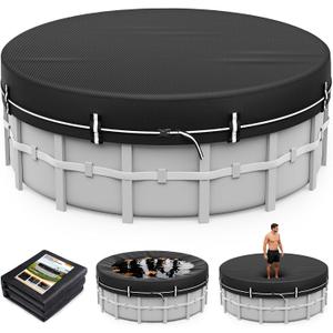 LXKCKJ 10 FT Round Pool Cover for Above Ground Pools, 420D Oxford | Waterproof 10000PA, 100MPH Windproof with 2 buckles and Ground nail set, 634N Tear-Resistant, UPF50+, 95% Evaporation Control