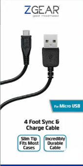 ZGear Micro USB Data Sync and Charge Cable - Black