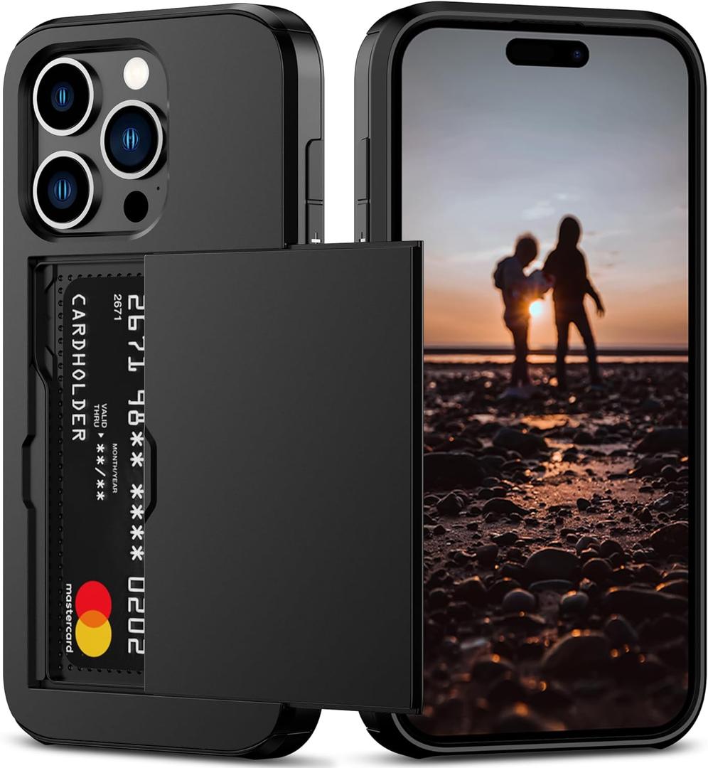 Nvollnoe Compatible with iPhone 15 Pro Case with Card Holder Heavy Duty Protective Dual Layer Shockproof Hidden Card Slot Slim Wallet Phone Cover for Women&Men 6.1 inch(Black)