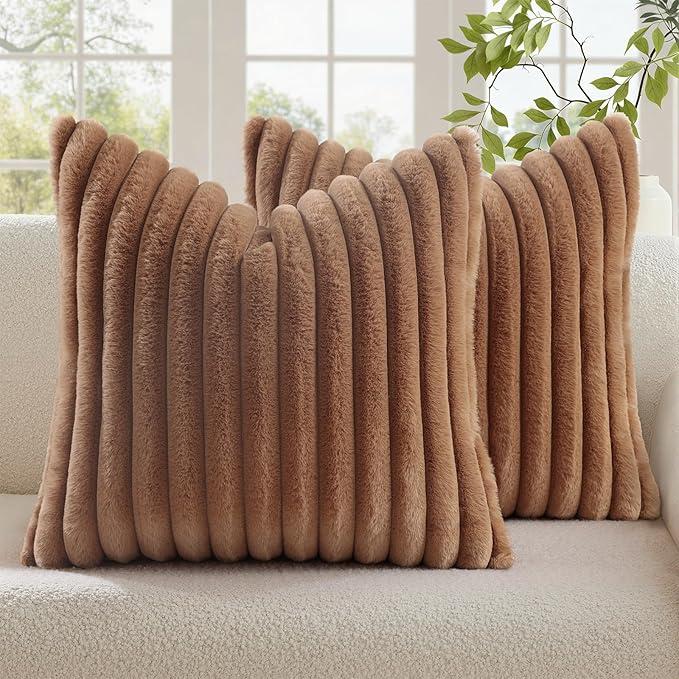decorUhome Summer Cozy Faux Fur Throw Pillow Covers 16x16 Set of 2 Decorative Soft Plush Striped Modern Farmhouse Boho Couch Pillow Cases with Velvet Back for Sofa Bed Living Room, Brown