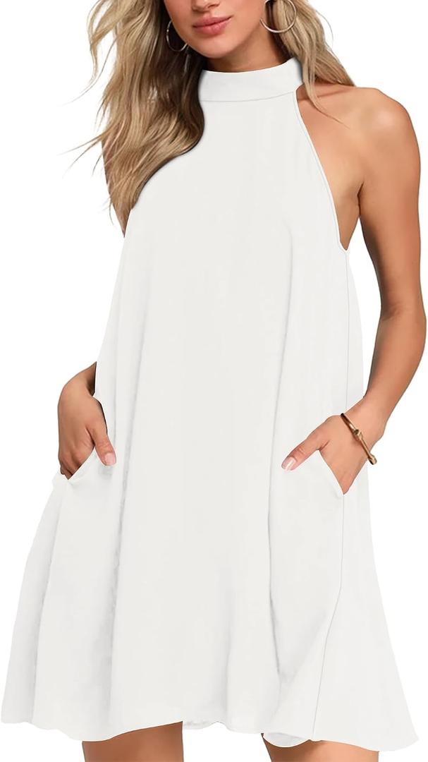 AUSELILY Womens Summer Dress Sleeveless Halter Neck Beach Dress Casual Sundresses with Pockets (White)