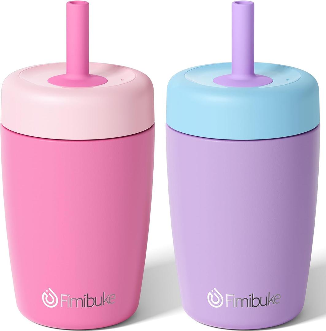 Fimibuke Kids & Toddler Cups Spill Proof, 12 OZ Insulated Sippy Cups for Toddlers Boys Girls, BPA-Free Toddler Straw Tumbler, Stainless Steel Kids Water Bottle with Twist Lids & Silicone Straw, 2 Pack (Pink & Purple)