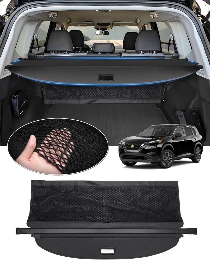 Cargo Cover for Nissan Rogue S SV SL Platinum 2026 2025-2021 Accessories, Trunk Cover with Extra Storage Net, Retractable Security Shield Shade Upgraded Version (Not for Rogue Sport/Select)