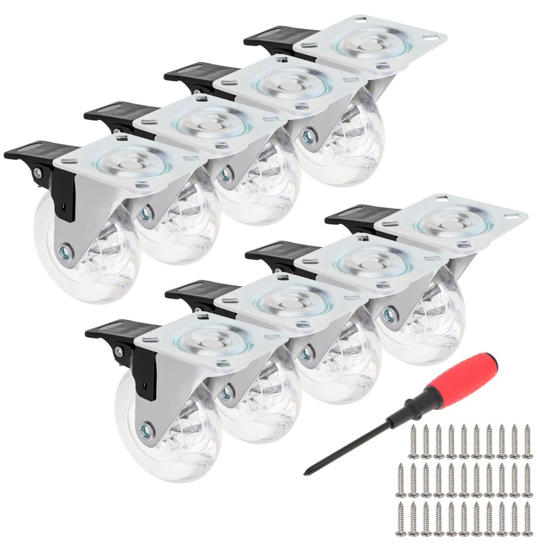 3 Inch Caster Wheels Set of 8, Crystal Swivel Casters with Brake for Carts/Cabinet/Dressers/Bench, with 360 Degree Top Plate, No Noise Locking Castors (3 Inch - Brake, 8)