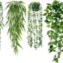 Sggvecsy Fake Hanging Plants 4 Pack Artificial Hanging Plants Fake Potted Greenery Faux Eucalyptus Vine String of Pearls Boston Fern Ivy Vine Leaves for Home Indoor Outdoor Shelf Wall Garden Decor