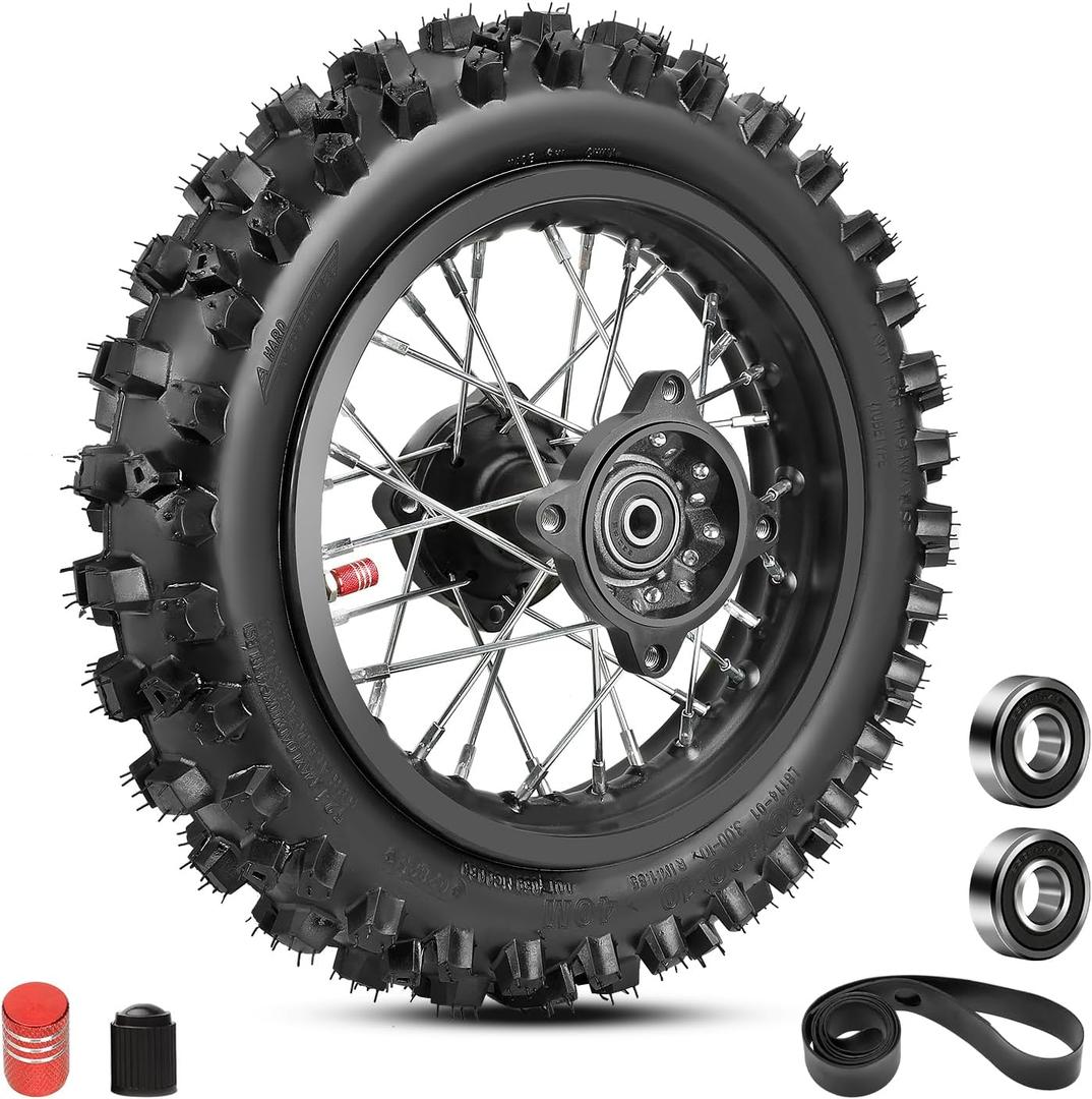 EOPOAYI 3.00-10 80/100-10 Dirt Bike Rear Wheel Rim Tire Tube Assembly Compatible with 70cc 110cc 125cc SSR SSR70 SSR110 SSR125 Off Road Pit Dirt Bike Motocross Replacement Parts with 12mm Bearing