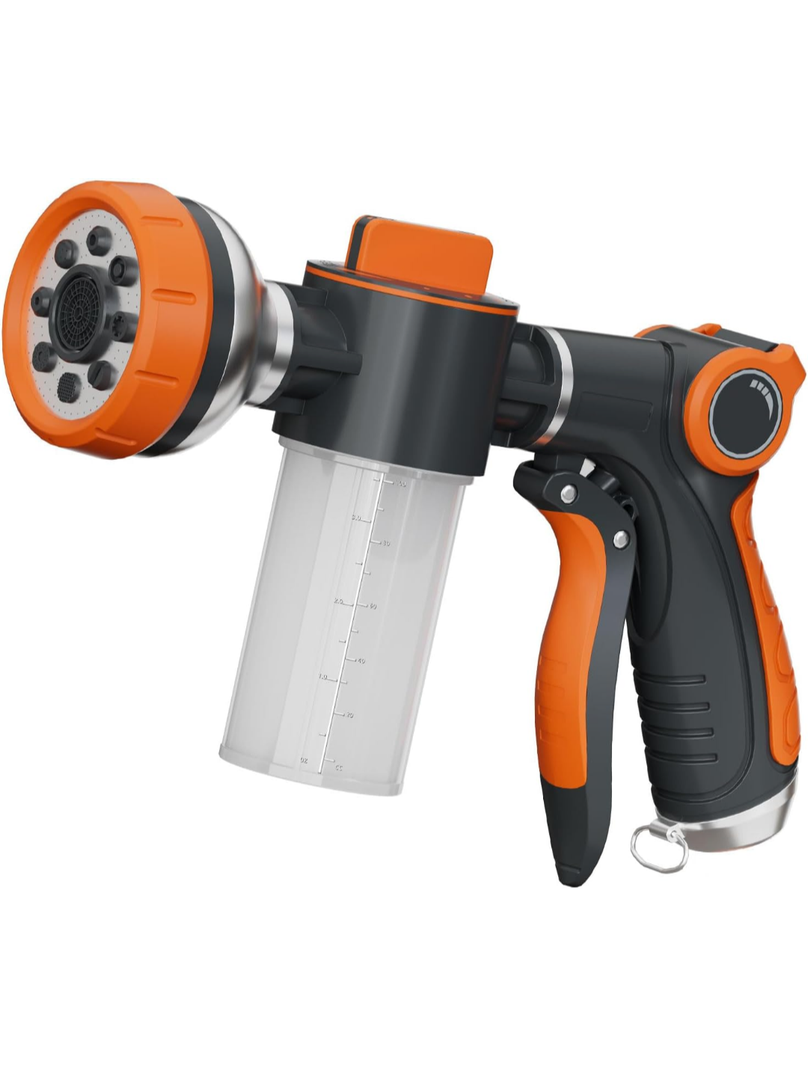Garden Hose Nozzle,8 Patterns Hose Sprayer High Pressure,Heavy Duty Dog Wash,Metal Water Hose Nozzle with Soap Dispenser,Car Wash Foam Gun