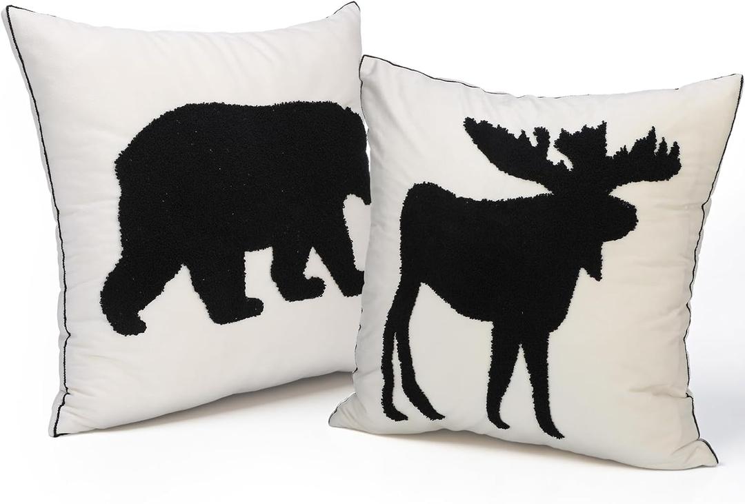 2 Pcs Christmas Black Bear Reindeer Pillow Covers 18 x 18 Inch 3D Embroidered Animal Throw Pillow Covers Winter Cushion Case for Sofa Couch Bedroom Decor Gift