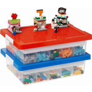 MACOPRO Toys Storage Organizer Box for Lego, Toy Box with Building Plate Lid and Removable Tray, Building Block Storage, Stackable Plastic Organizer Bins (Red+Blue-2Packs)