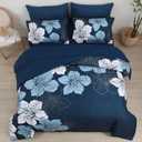 Luxudecor Navy Blue Comforter Set Queen Size, 7 Pieces Bed in a Bag Navy Blue Floral Comforter and Sheet Set, Soft Microfiber Complete Bedding Sets for All Seasons