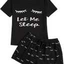 WDIRARA Women's Cute Cartoon Print Closed Eyes Print Tee and Shorts Pajama Set Black M