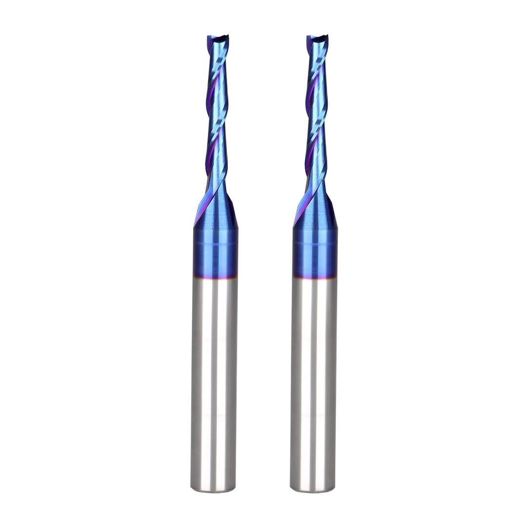 2PCS CNC Router Bits 1/4 Inch Shank 1/8 inch Cutting Diamete Spiral Up Cut End Mill with Nano Blue Coating for Carving Standard milling, Finish and Boring