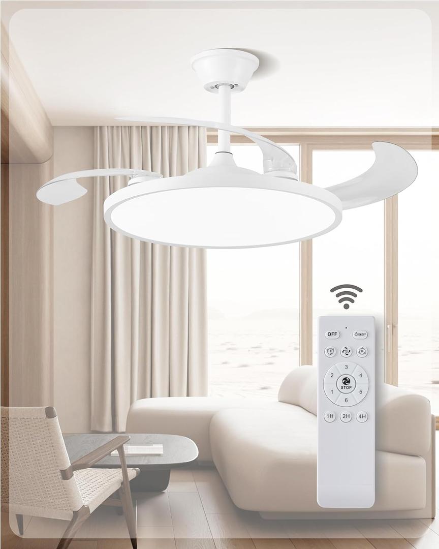 Retractable Ceiling Fans with Lights,42 inch Ceiling Fan with Light and Remote Control,Flush Mount,DC Reversible,3CCT,Low Noise,White Ceiling Fan for Bedroom,Living Room,Kitchen,Indoor Use