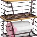 ALOCEO 2 Pack Extra Large Pantry Baskets with Bamboo Lip, Stainless Steel Garbage Bag Holder Dispenser Countertop Storage, Stackable Kitchen Storage Bins for Fruit Onion Potato Vegetable, Brown
