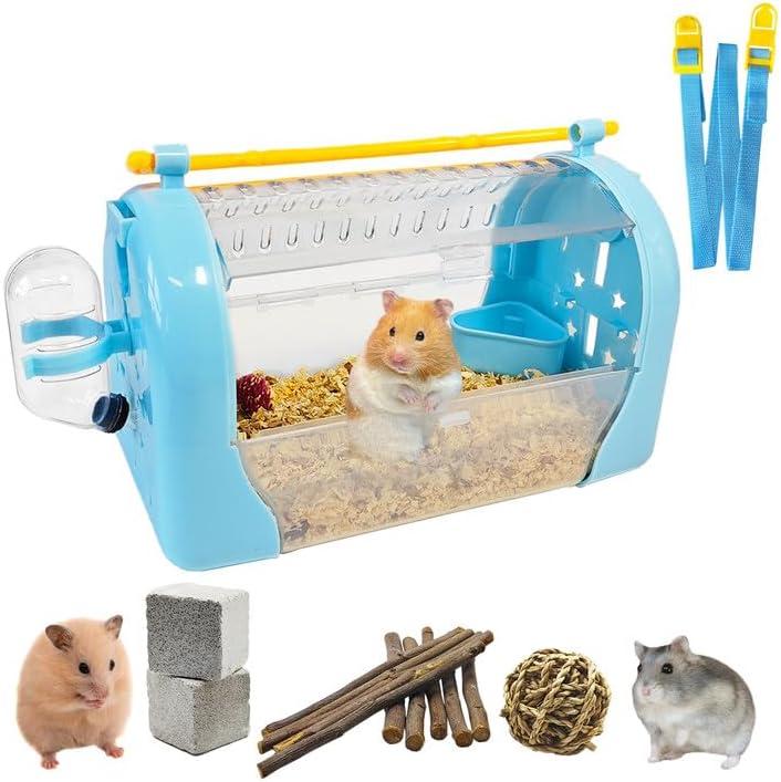 Tfwadmx Hamster Carrier Cage, Portable Dwarf Hamster Travel Cage, Pet Outgoing Cage with Chewing Toys, Small Animal Breathable Carrier for Hamsters Gerbil Mice Rat Hedgehog