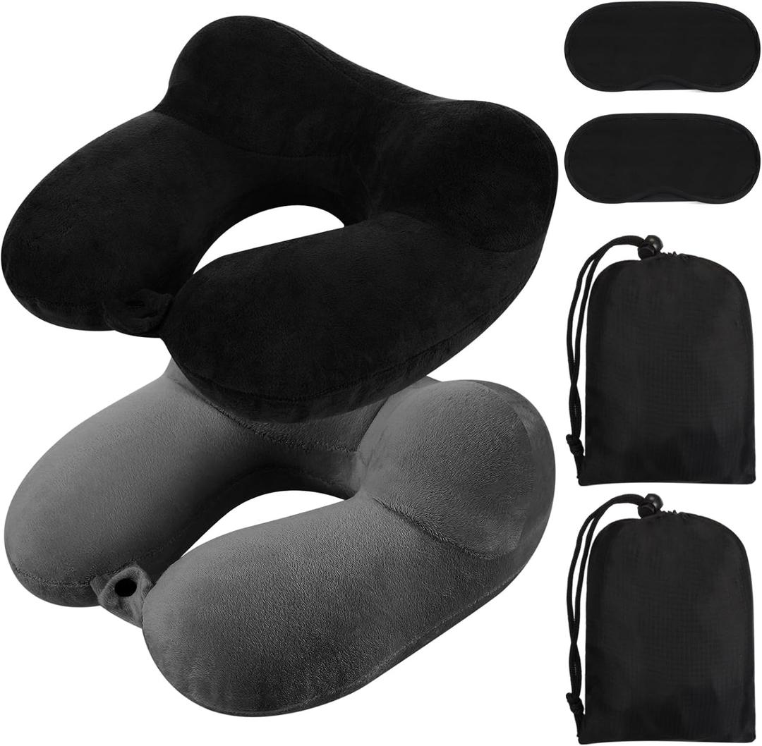 Sintuff 2 Pack Inflatable Travel Pillow for Airplanes Inflatable Neck Flight Pillows with Compact Bag and Blindfold for Traveling, Airplane, Train, Car, Office(Black and Dark Gray)