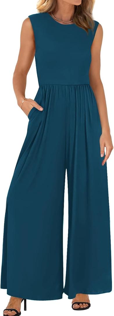 BTFBM Womens Casual Jumpsuits Dressy 2026 Spring One Piece Outfits Crew Neck Sleeveless Knit Wide Leg Pants Romper Beach (Blue, XL)