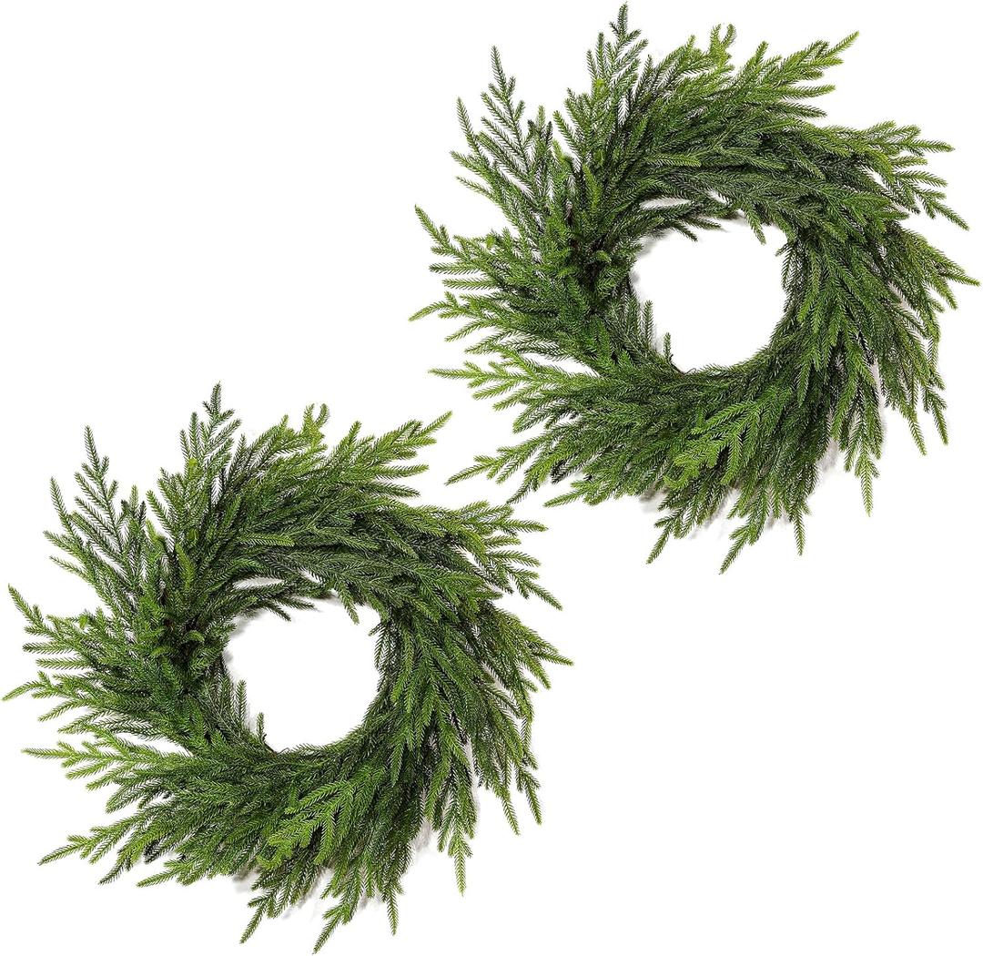 WBHome 18" Norfolk Pine Wreath for Front Door, Real Touch Artificial Green Wreath Greenery Realistic Holiday Decoration for Indoor Outdoor, 2 PCS