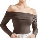 SUUKSESS Women Off Shoulder Bodysuit Double Lined Going Out Basic Tops Long Sleeve Thong Body suit Shirts (Brown, XS)