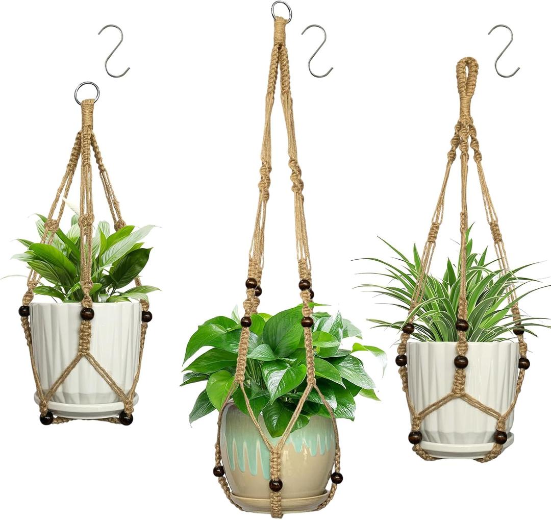 3 Pcs Macrame Plant Hangers,Indoor Different Size Hanging Planter Basket Flower Pot Holder with Beads,No Tassels Hanging Planter Basket with Wood Beads for Indoor Outdoor Home Decor (Brown)