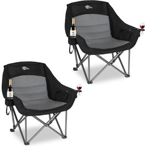 2 Pack Oversized Camping Chairs for Adults Heavy Duty Outdoor Folding Chairs Padded Portable Lawn Chairs XL Camp Chairs with Cup Holder Suproot 500 lbs (Black & Grey)