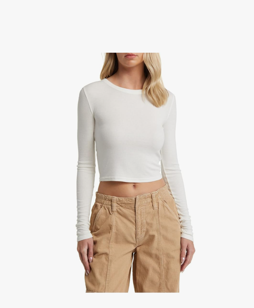 Women Ribbed Long Sleeve Top Round Neck Slim Fit Basic Tight Tee Shirts Y2K Going Out Tops Clean Girl Aesthetic Clothes M