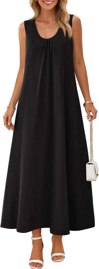 MEROKEETY Women's Summer Boho Maxi Dress 2026 Ruched Beach Vacation Sundresses Sleeveless Loose Tank Dress (Black, L)