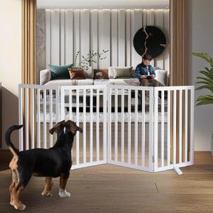 ZJSF Freestanding Indoor Dog Gate for House Foldable Wood White Puppy Gate for Doorways Pet Gate for Stairs Extra Wide Pet Fence 32" Height 4 Panels (4 Panels80''W x 32''H)