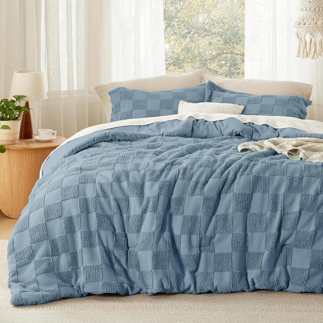 Bedsure Mineral Blue Queen Size Comforter Set, Boho Tufted Bed Set, Checkered Farmhouse-Style Distressed Vintage Bedding, 3 Pieces, 1 Plaid Geometric Comforter and 2 Pillow Shams